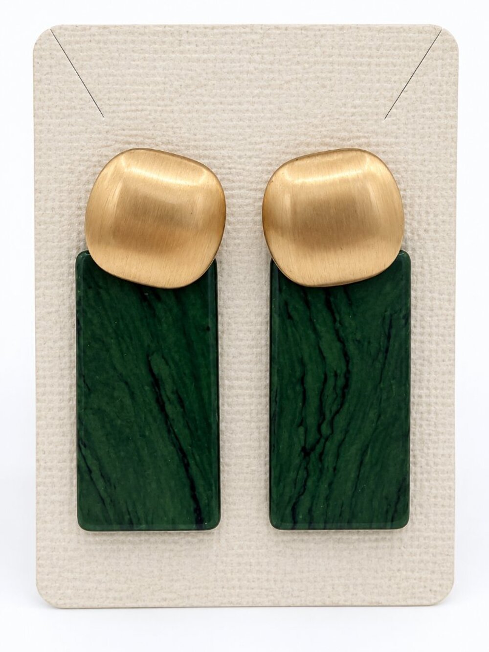 Green Wood & Gold Tone Geometric Statement Earrings